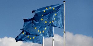 Drapeaux de l'union europeenne devant le siege de la commission europeenne a bruxelles
