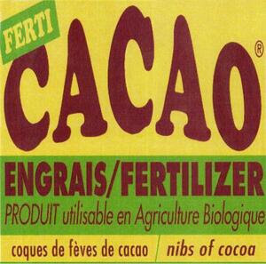 FERTI CACAO ENGRAIS/FERTILIZER PRODUIT UTILISABLE EN AGRICULTURE BIOLOGIQUE COQUES DE FEVES DE CACAO NIBS OF COCOA_logo